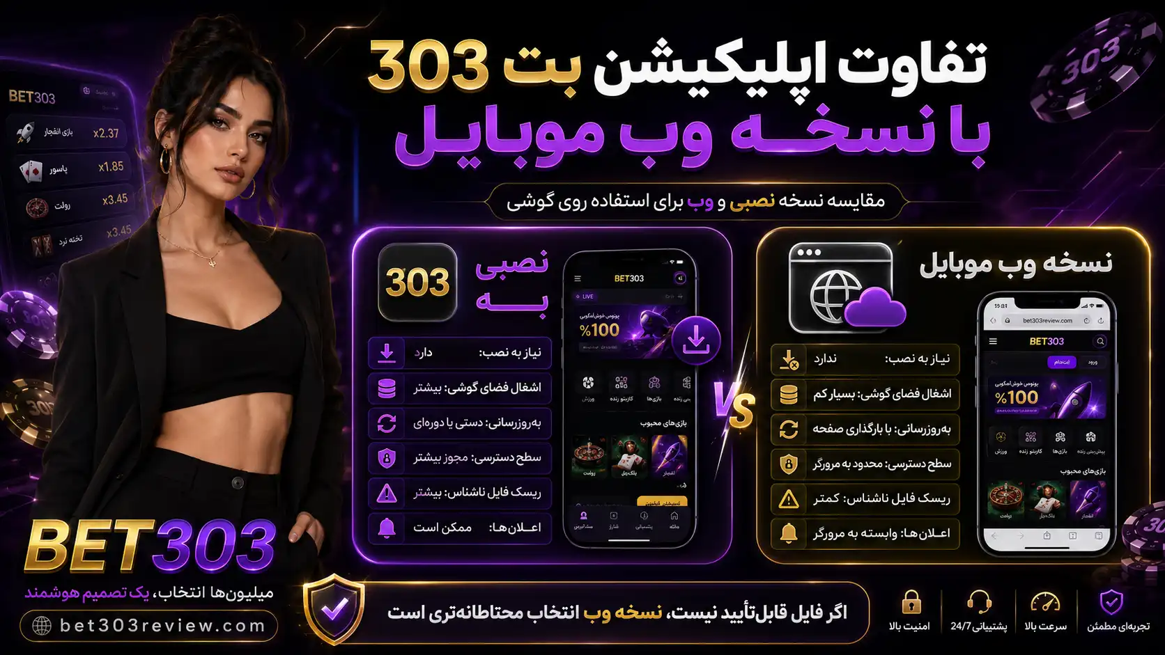 تفاوت اپلیکیشن بت 303 با نسخه وب موبایل چیست؟